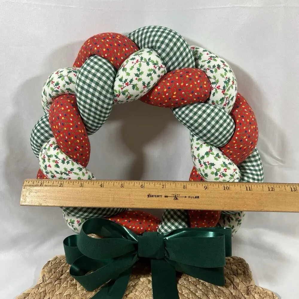 Vintage Christmas Wreath Braided Fabric Plush Hanging Holiday Velvet Green Bow